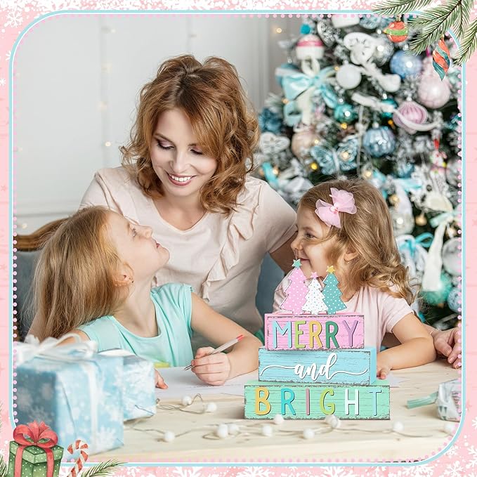 Geelin 4 Pcs Christmas Tree Table Sign Pastel Candy Color Wooden Decorations Xmas Tree Tiered Tray Decor Christmas Centerpieces Pastel Wooden Block Set Xmas Table Sign for Home