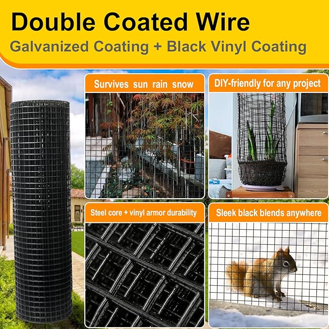 Black Hardware Cloth 1inx48inx100ft, Chicken Wire Fencing, 19Gauge, Vinyl PVC Coated Mesh, Welded Wire mesh, Perfect for Gopher Wire, Rodent Mesh, Tree Guard, Chicken Coop