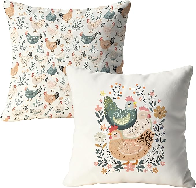 Rustic Floral Chicken Pillow Covers 18x18, Chicken Lover Lady Mom Gifts, Cottagecore Flower Farmhouse Hen Decorative Throw Pillow Covers for Home Bedroom Living Room, Set of 2,Color-3