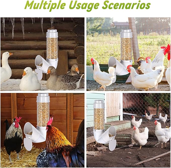 Automatic Chicken Feeder No Waste,6lb Capacity Large PVC Poultry Gravity Feeder with Lid and Visual Tube,Poultry Hanging Chicken Coop Feeder Port for Quails,Ducks,Turkeys,Geese