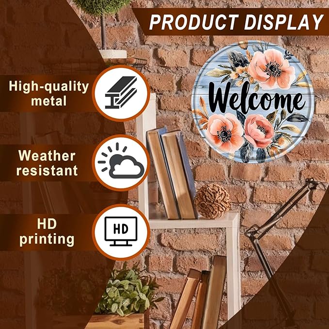 Round Welcome Aluminum Metal Tin Sign Wreath Vintage Farmhouse Wall Decor for Kitchen Backyard Home Outdoor Porch Gate 12x12inch