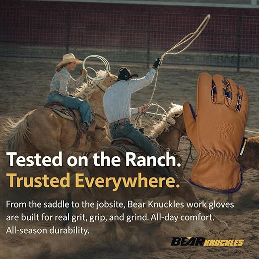 Bear Knuckles Regular Duty Brown Cowhide Leather Work Gloves | Patented Pre-Curved Finger Design