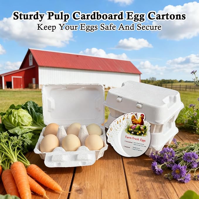Farm Fresh Egg Cartons, White, 6-Cavity Jumbo Size for Duck and Turkey Eggs, Blank Top for Custom Labels, Commercial and Home Use (50)