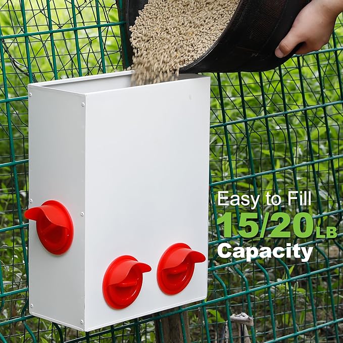 Solution4Patio 2Sets Metal Chicken Feeder, 15-20Lbs Automatic Gravity Hanging Chicken Feeder with Waterproof Lid, Heavy-Duty Hanging Design & Waste-Free Tray for Outdoor Chicken/Ducks