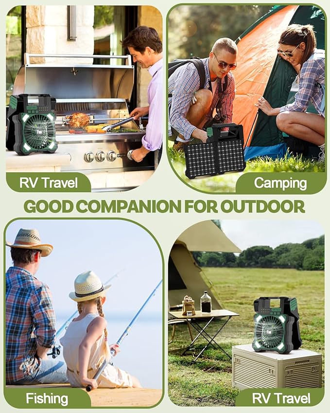 22000mAh Camping Solar Fan, Dual-Panel Rechargeable Solar Powered Fan with LED Light, 5 Adjustable Speeds Battery Powered Portable Fans, USB-C Fans for Travel Tent Home Camping Accessories