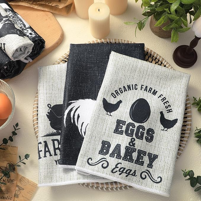 Redbaker 6 Pcs Farm Animal Kitchen Towels Farmhouse Funny Dish Towel Rustic Hand Towels Rooster Cow Pig Decorative Tea Dishcloth Absorbent with Hanging Loop for Kitchen Bathroom Housewarming Gift