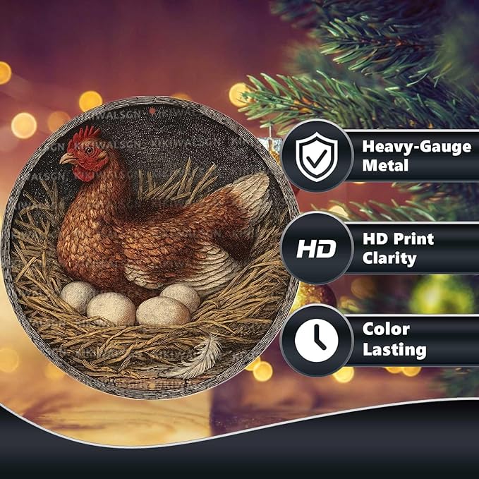 Vintage Chicken Hen Rooster Round Metal Sign Retro Chicken Lovers Tin Sign Nostalgic Rustic Wall Decor Kitchen Yard Fence Door Outside Farmhouse Coop Poultry House 12 * 12 In
