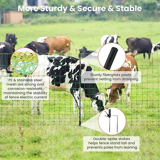 Electric Fence Netting, 49.6" H x 164'L Portable Livestock Nets, Electric Fence Kit with 14 Posts Double Spiked, PE Net Fencing for Cattle, Sheep, Goat, Hogs, Used in Backyards, Farms and Ranches