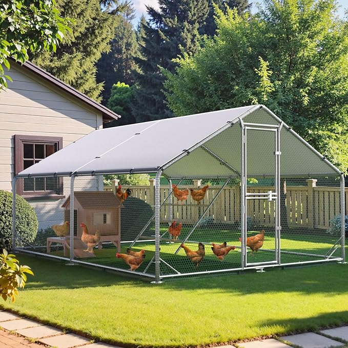 Large Chicken Coop,Metal Chicken Run for Yard with Feeding Door,Walk-in Chicken Pen for 30-40 Chickens,Outdoor Poultry Cage with Anti-UV Cover
