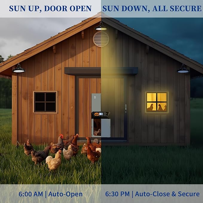 Automatic Chicken Coop Door with Timer & Remote Control, Solar Powered with Dual Lights, 16”x12” Door, Anti-Pinch Alarm, Waterproof Aluminum, 5-Year Warranty for Poultry