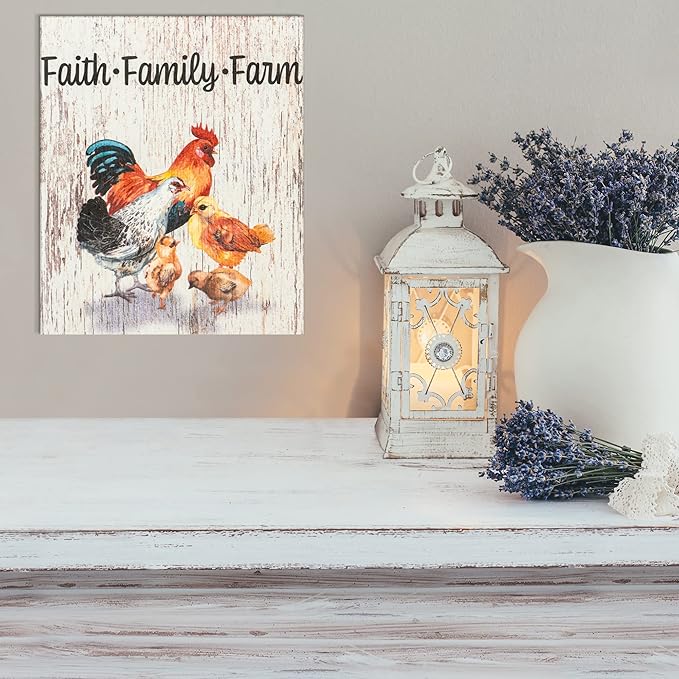 JennyGems Faith Family Farm Wooden Sign, Rustic Farm Signs, Chicken Decor, Farmhouse Decorations, Made in USA