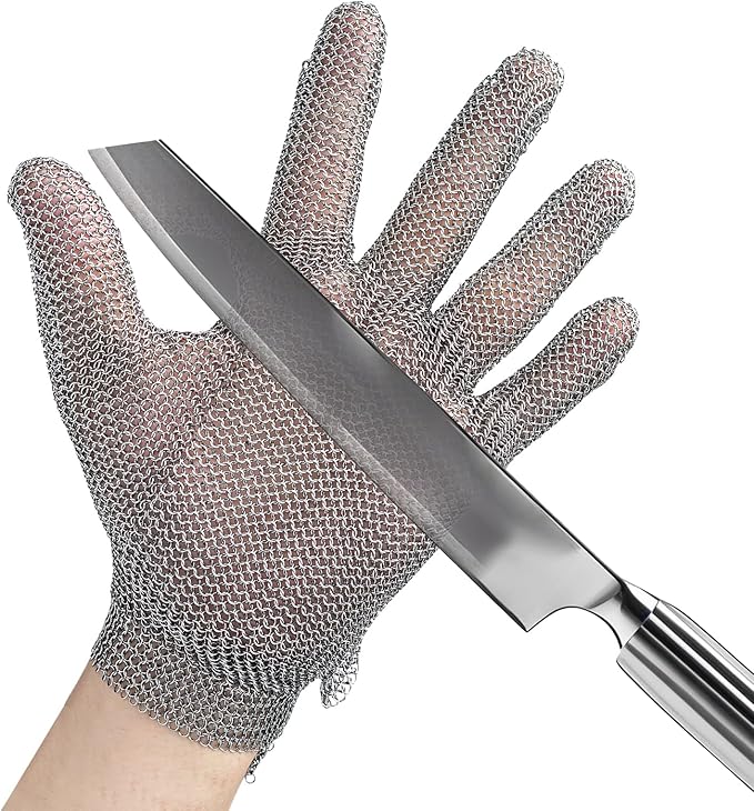 A9 Cut Resistant Stainless Steel Metal Mesh Chainmail Gloves,Metal Gloves, Food Grade For Kitchen Cooking, Butcher Meat Cutting, Oyster Shucking, Mandoline, 5 Finger,Fish Fillet (L)