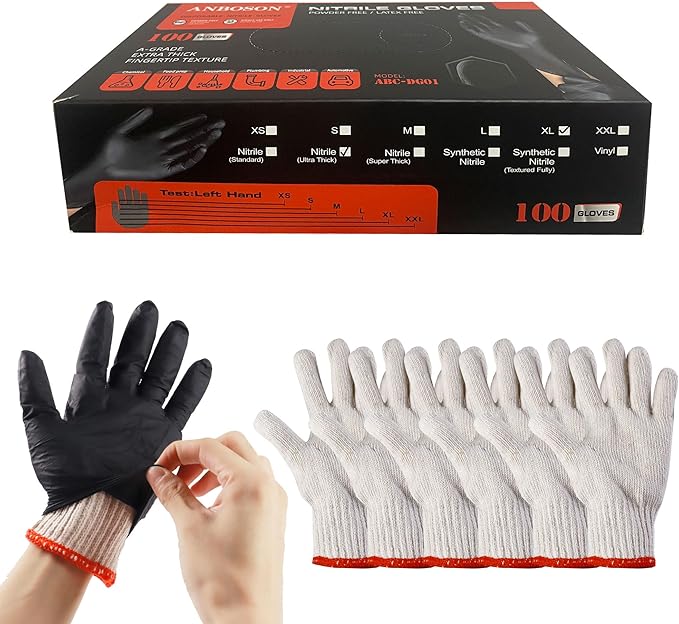 BBQ Gloves 6 Cotton Glove Liners and 100 Disposable Nitrile Gloves,Washable Cotton Liners Powder Latex Free Nitrile Gloves,Applies to Cooking Baking Grilling.