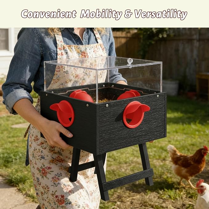 KOL No-Waste Chicken Feeder, 17LB Poultry Feeder with 4 Anti-Spill Ports, Clear-View HIPS & Acrylic Design, Foldable Stand for Hens and Chicks – Automatic Gravity-Flow Feeder