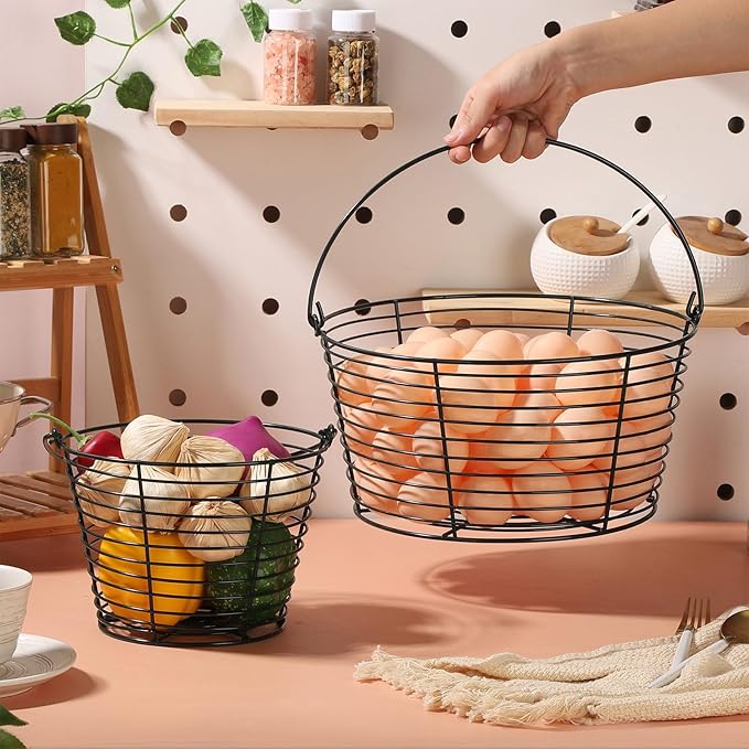 Colorful Metal Mesh Wire Egg Collecting Basket with Handle Portable Garden Vegetable Fruit Storage Lightweight Hanging Collector for Farmhouse Gathering Kitchen Picnic (Green, Normal - 8")