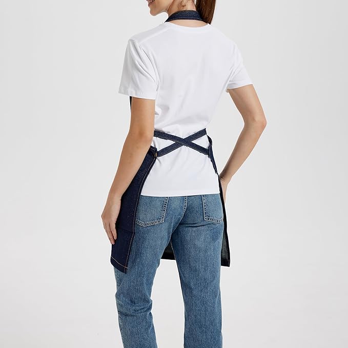 Chef Apron for Men Women with Large Pockets, Adjustable Denim Apron for Cooking, Baking, Gardening