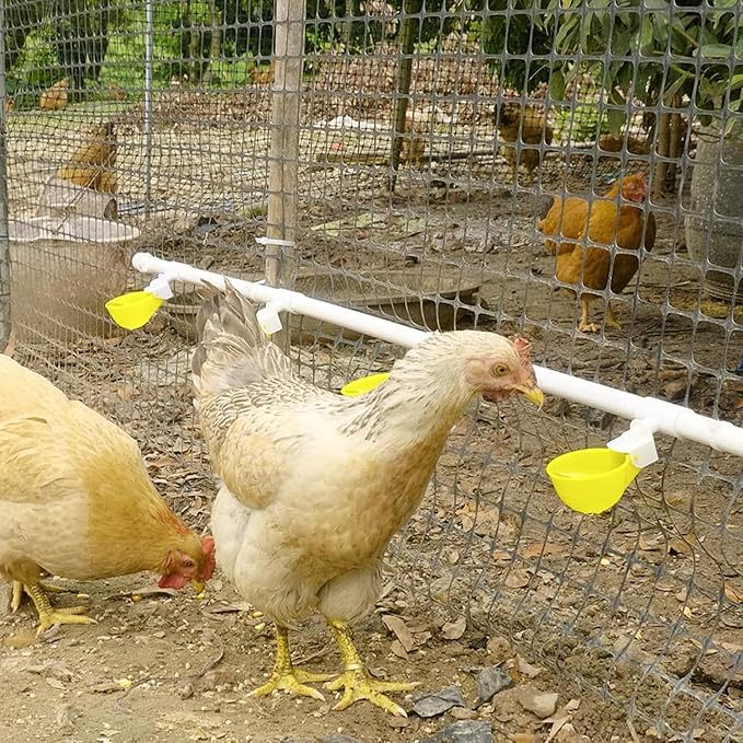 Chicken Water Cups with PVC Tee Fittings for 1/2" Pipe, Automatic Chicken Watering System, Anti-Leak, Holds 50% More Water, Suitable for Chicks, Chicken, Duck, Quail, Birds (Yellow, 4 PVC Cups)