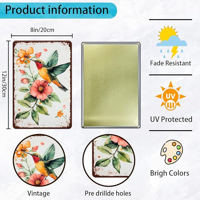 Metal Tin Sign Hummingbird Watercolor Colorful Bird Metal Sign Hummingbird Art Decor Hummingbird Paradise Wall Sign 8x12 Inch