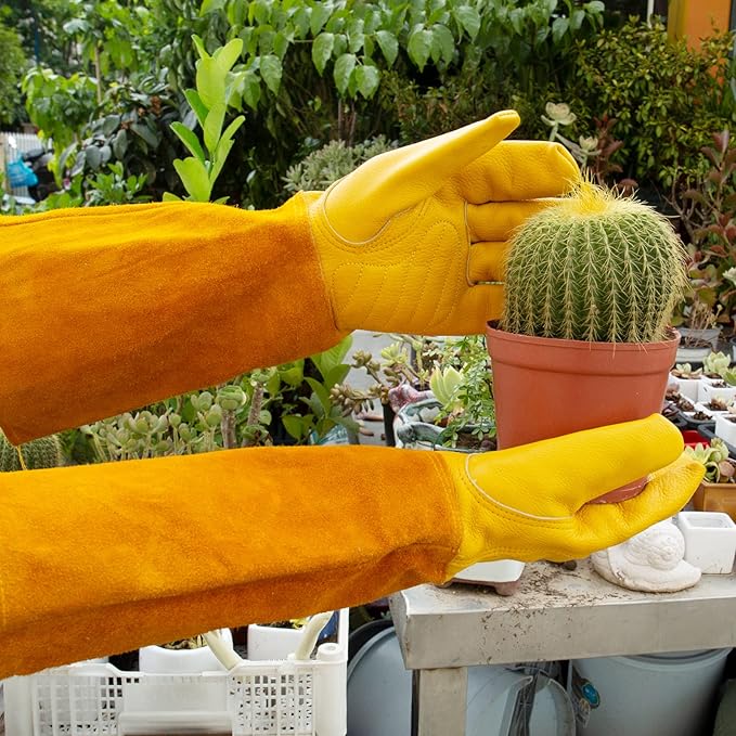 Thorn Proof Gardening Gloves for Men & Women, Long Cowhide Leather Rose Pruning Gloves with Forearm Protection, Puncture Resistant Gauntlets for Cacti, Blackberries & Yard Work(Butter Yellow,Small)