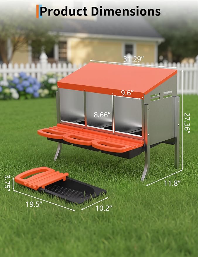 Chicken Nesting Boxes, 3 Hole Metal Rollaway Nest Box for Laying Hens with Cleanable Pull-Out Trays Wall Mount or Placed Design for Easy Egg Collection & Cleaning(Includes Legs)