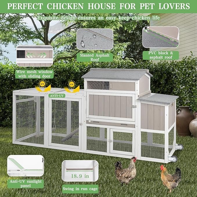 Chicken Coop Mobile Wooden Hen House with Nesting Box,166.4" L Outdoor Chicken House with 4 Wheels and Removable Tray,Fir Wood Chicken Tractor with 12 Ventilation Door and 2 Ramps,Grey