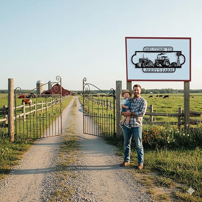 Personalized Metal Farm Sign, Custom Tractor Farm Metal Signs Outdoor, Custom Ranch Sign, Customized Large Hanging Family Name Welcome Sign for Farms, Ranch, Barn, Farmhouse