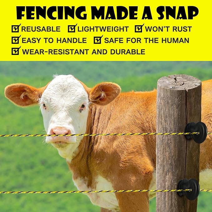 Electric Fence Poly Wire 660 Feet 200 Meters 1/8" Dia Portable Electric Fencing Polywires and 100 Pcs Black Electric Fence Insulator (Grid System Accessories for Animal Husbandry Electronic)