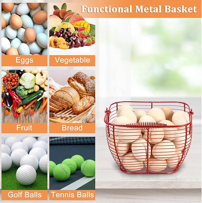 2 PCS 7" Red Square Wire Egg Baskets for Fresh Egg With Handle, Small Metal Collecting Basket for Gathering Fresh Eggs, Chicken and Duck Eggs Hunting Basket Egg Holder Countertop