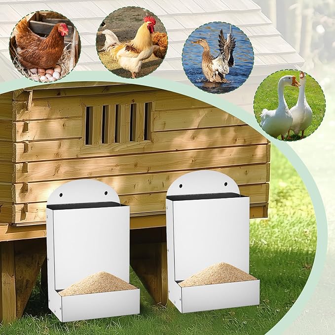Chicken Feeder,Wall Mounted Galvanized Steel Automatic Chicken Food Dispenser,Hanging Poultry Feeder Outdoor Animal Food Container for Cages,Bunny Chicken Guinea Pig Small Animal,Coop Accessories
