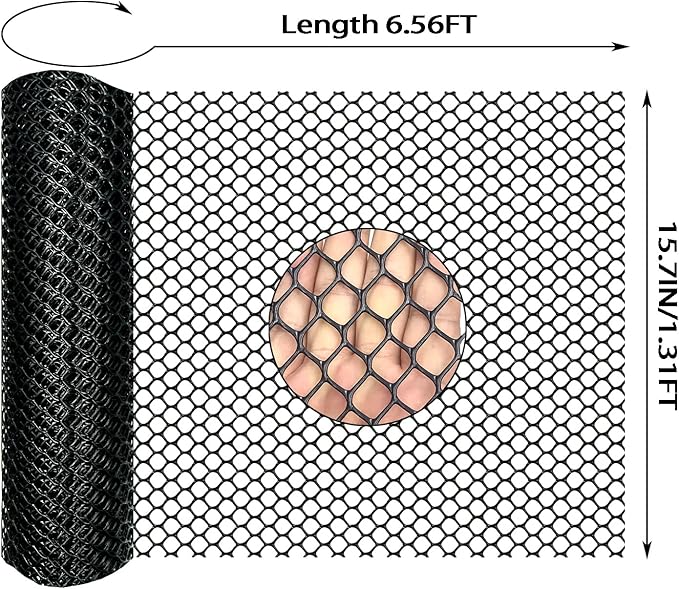 Black Plastic Wire Mesh Fence Plastic Chicken Wire Fence Mesh 15.7IN x6.56FT Best for Poultry, Cat,Dogs, Rabbit, Snake & Gardening Plastic Chicken Wire Mesh,with 50 Pcs Fixed Straps