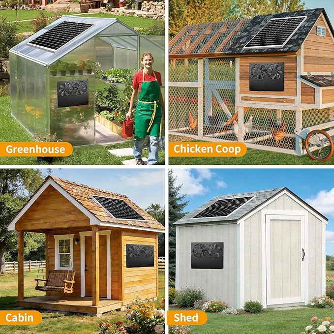 25W Metal Frame Solar Powered Fan with Battery, IP65 Waterproof Solar Exhaust/Intake Fan for Chicken Coop, Greenhouse, Dog House and Shed, Low Noise (16.4FT Cord)