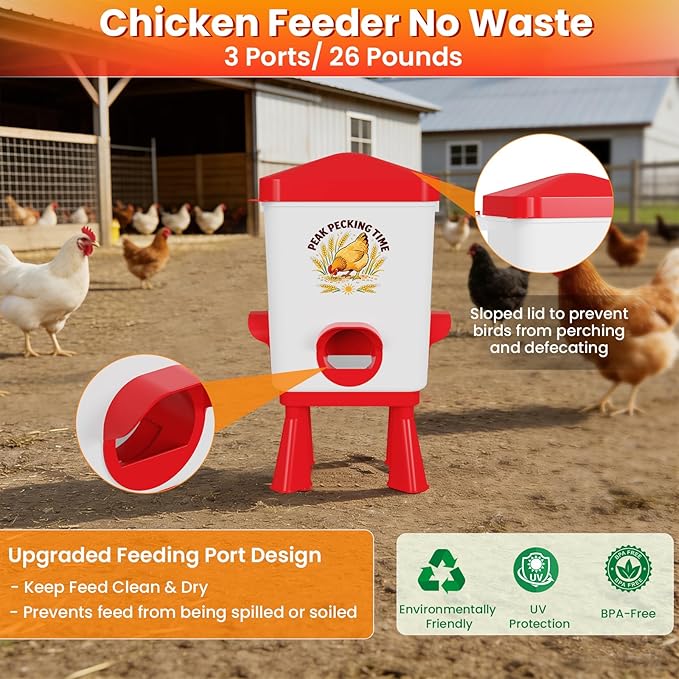 3 Gallon Chicken Feeder and Waterer Set, Large Chick Water with Automatic Float Valve, No Waste Poultry Feeding and Watering System, 4 Cups & 3 Ports, Chicken Coop Accessories for Pigeons/Quail (Red)