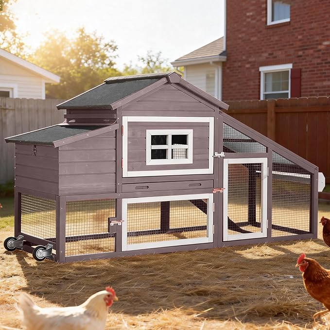 Mobile Chicken Coop with Run Large Hen House with Wheels Chicken House Poultry Cage with Nesting Box, Pull-Out Tray, Waterproof Roof for 3-5 Chickens (Brown, 72.3" L x 26" W x 39.4" H)