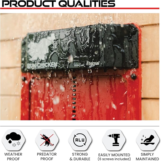 RUN-CHICKEN Door Eternal – Solar Automatic Chicken Coop Door with Built-in Solar Power & Battery Backup, Smart App & Timer Control, Weatherproof Aluminum, Predator-Proof, Easy to Install (Red)