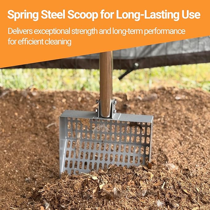 Chicken Poop Scooper Spring Steel Sifting Shovel with 3 Adjustable Angle, 38-66in Extendable Stainless Steel Handle, Professional Poultry Litter Cleaner for Chicken Coop, Duck, Goat & Sand