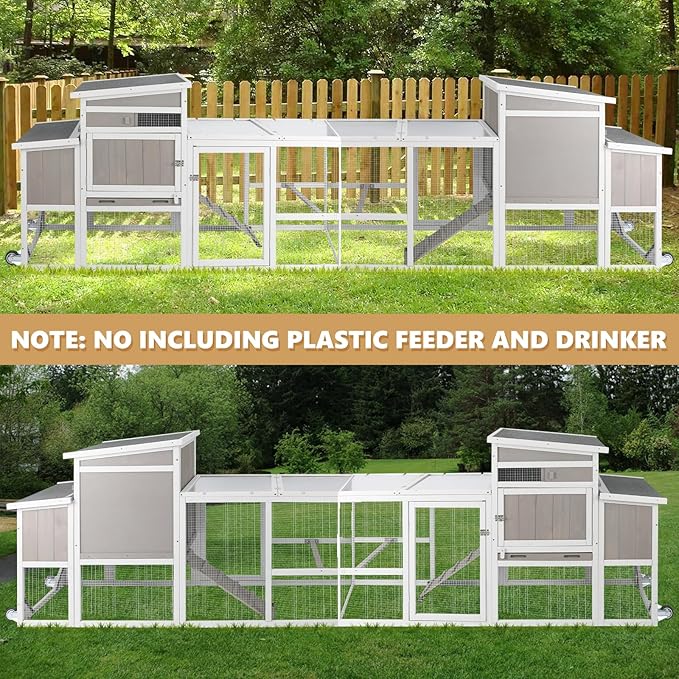 PetsCosset 157.4"L Chicken Coop with Wheels, Large Wooden Chicken House with Run, Backyard Hen House Poultry Cage for 2-6 Chickens Rabbit and Small Animal, Nesting Box, Tray, 6 Perches, Set of 2, Grey