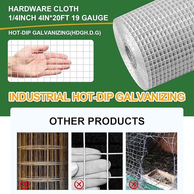 4in x 20ft Hardware Cloth Hot-Dip Galvanized Welded Wire Mesh - Heavy Duty 1/4inch 19 Gauge Chicken Wire Fencing for Garden, Chicken Coop, Rabbit Cage, Rodent & Predator Protection