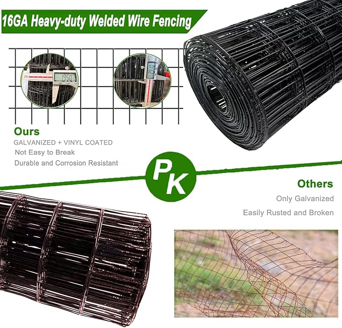 Welded Wire Fence 48inch x 50ft, Black PVC Coated Garden Fencing, 2 inch x 3inch 16Gauge Chicken Wire Fence Roll, Anti-Rust Metal Fencing for Yard Plant Protection Poultry Netting