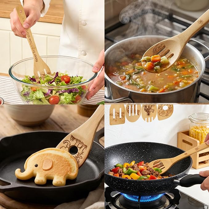Elephant Gifts for Women 5 PCS Cartoon Wooden Spoons for Cooking Elephant Decor Cute Bamboo Spatula for Elephant Kitchen Accessories Engraved Spoon Kitchen Stuff for Women Mothers Day Gifts