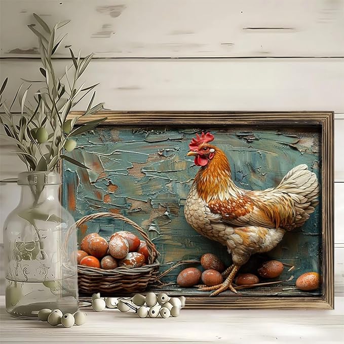 Rustic Long Wooden Framed Art Rustic Hen Eggs Basket Texture Farmhouse Style Wall Decor Sign for Tabletop Or Hanging - Durable Handcrafted Wood Print - Home & Office Decoration
