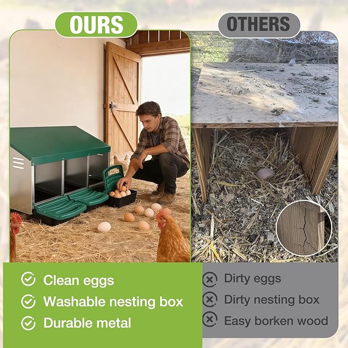 GUTINNEEN Chicken Nesting Box, 3 Compartment Metal Nesting Boxes with Roll-Away Egg System for Hens, Ducks & Rabbits, Technical Design for Efficient Egg Collection, Green