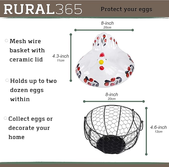 Rural365 Chicken Egg Basket in Navy and Red Design Ceramic Chicken Shaped Lid with Round Wire Basket Base and Handles