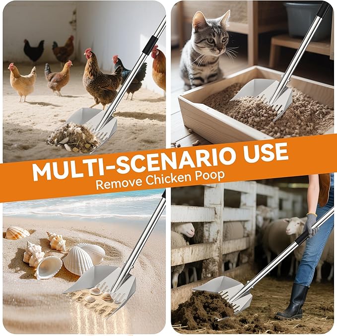 Chicken Poop Scooper: 2-in-1 Rake & Sifter - Silver Chicken Poop Shovel for Sand with Adjustable Stainless Steel Handle (35-59") for Small Spaces