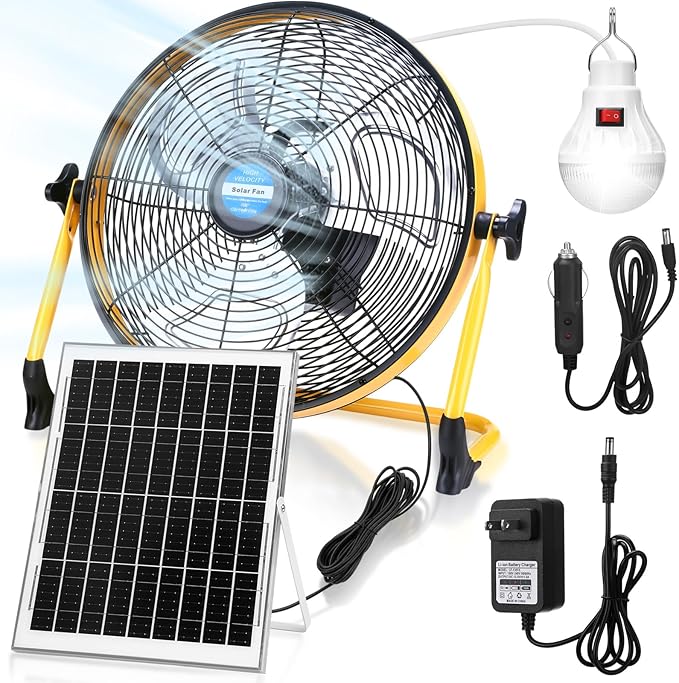 Sumind 14 Inch Solar Powered Fan 15000mah 20w Portable Ventilador Rechargeable Camping Fan Battery Powered with Panel and Light for Outside, Home, Travel, Chicken Coop, Shed, Greenhouse