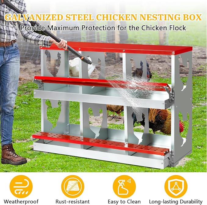 Chicken Nesting Box for Laying Eggs,Wall-Mountable Chicken Coop Nesting Boxes,6 Hole Roll Away Nesting Boxes,with Large Vented Holes,for Chickens,Ducks,Large Egg Laying Boxes (Red 6 Hole)