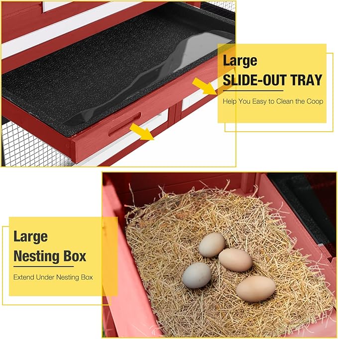 Aivituvin Mobile Chicken Coop with Wheels for 2-4 Chickens, Backyard Expandable Chicken House Duck Cage with Run, 2 Nesting Boxes, Easy Clean Pull-Out Tray, Leak-Resistant Asphalt Roof, 72.3"(Red)