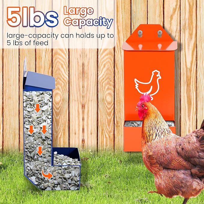 2Pcs Chicken Feeder for Oyster Shell and Grit, Wall Mounted Chicken Food Dispenser No Waste, Hanging Poultry Feeder with Lid, Coop Accessories