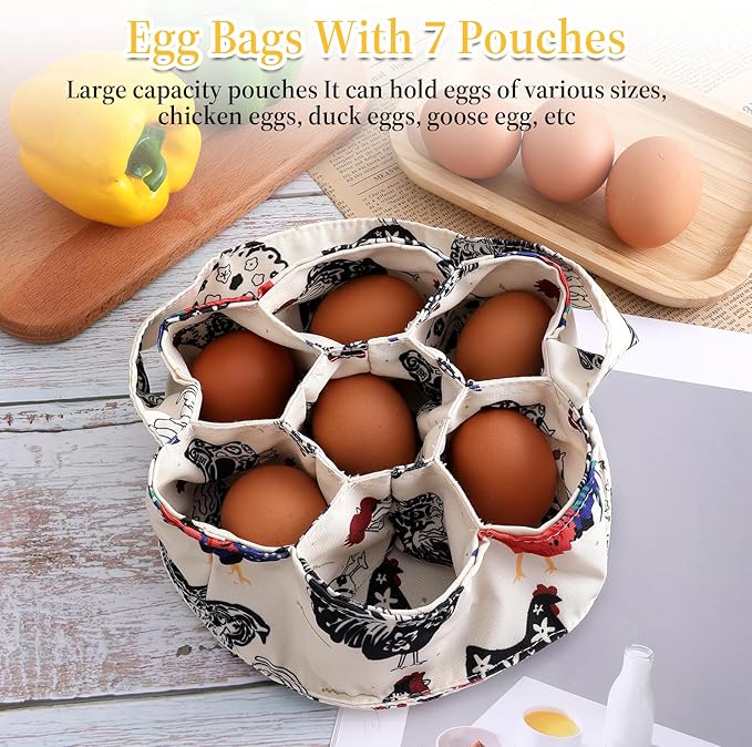 1 Pc Egg Collection Basket, Portable Farmhouse Chicken Egg Holder with 7 Bags, Anti-crushing Handheld Egg Purse Egg Basket for Collecting Fresh Eggs, Housewife Garden Transport Storage