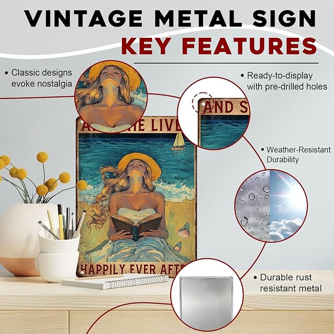 Vintage Inspired Quote Metal Tin Sign And She Lived Happily Ever After Rustic Home Decor For Cozy Corner Bookstore Cafe Girls Room Storybook Theme 12x16inch