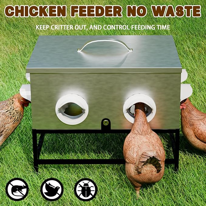 Automatic Chicken Feeder No Waste, 35lb 8 Ports Large Galvanized Metal Chicken Feeders Rodent Proof with Locking Lid and Upgraded Stands for Hen Coop
